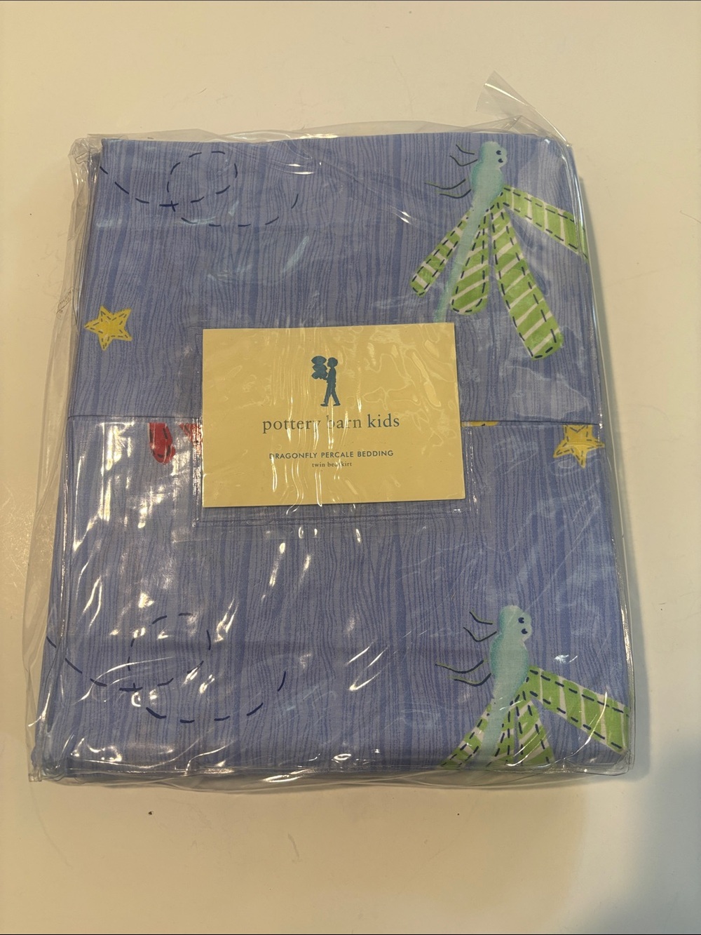 Pottery Barn Kids Blue Dragonfly Percale twin bed skirt with Green Accents